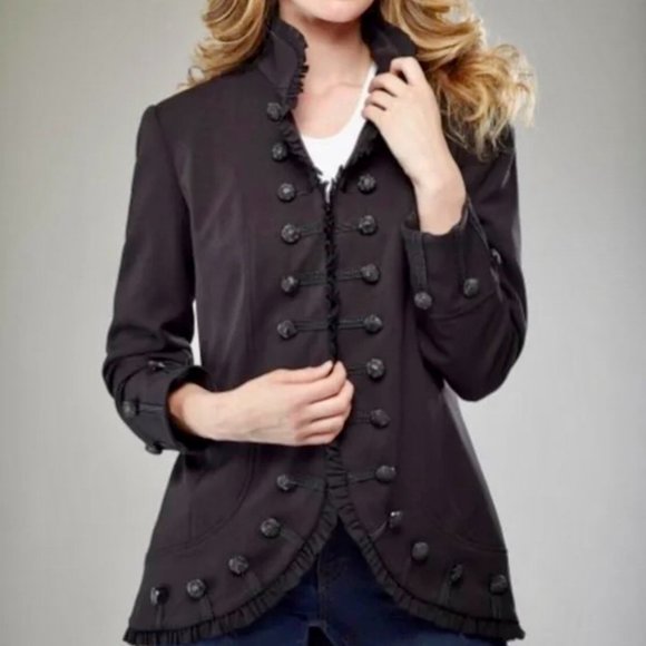 Black Chiffon Trim Military-Style Jacket (8) - Picture 1 of 8